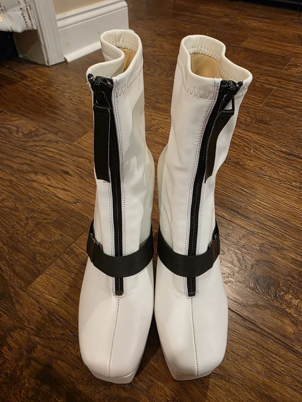 White Platform Ankle Boots with Black Front Zip and Strap